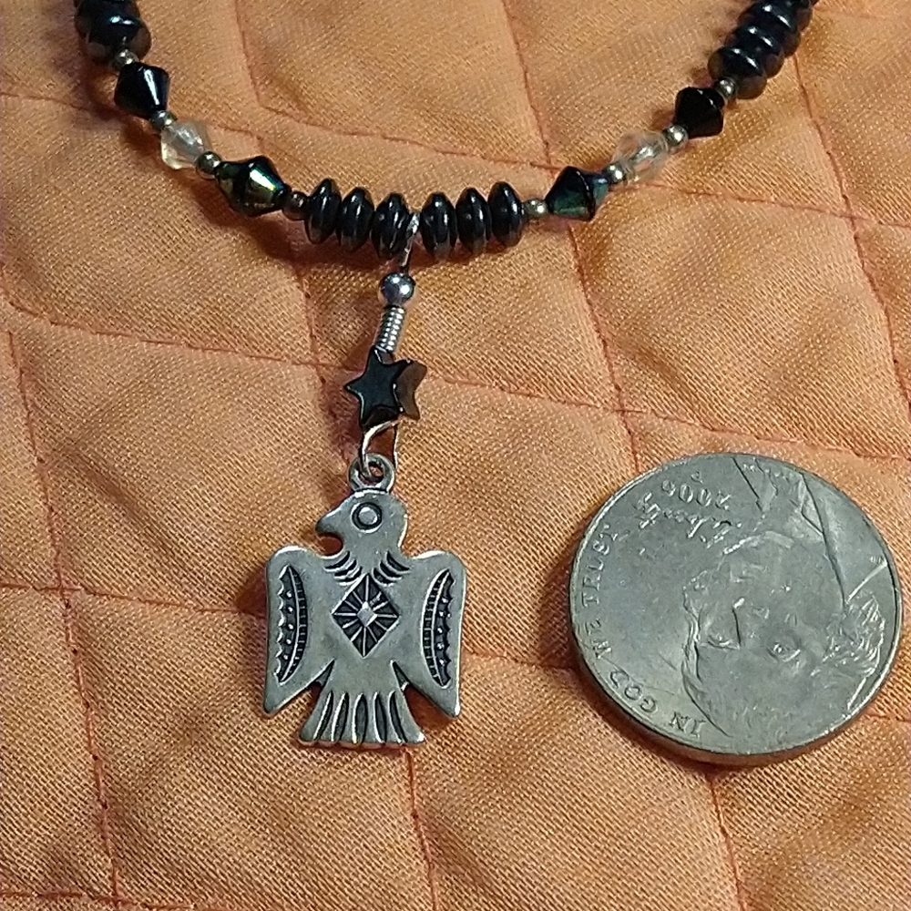 ✔️💯/AMERICAN INDIAN THUNDERBIRD (BLACK ONYX,HEMATITE.  STERLING BRACELET. 7-8"L
